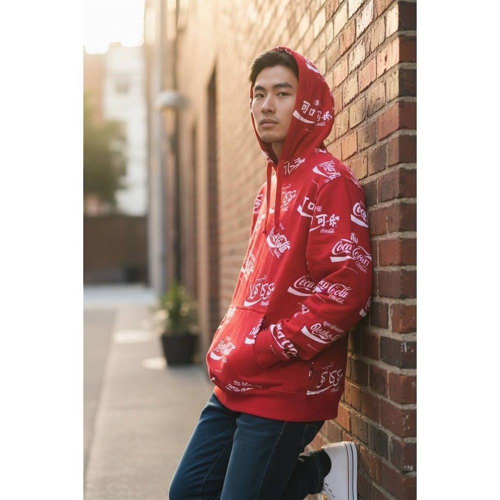 Coca Cola company Red Graphic Print Pullover AOP‎ Hoodie Sz M international Coke